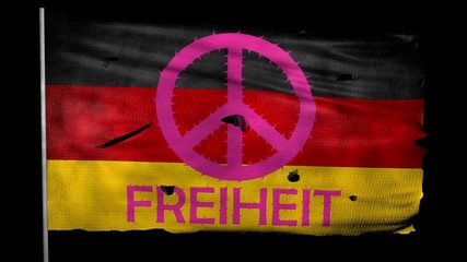 3D animation of ragged German flag with freedom word and  peace sign. Alpha channel included.