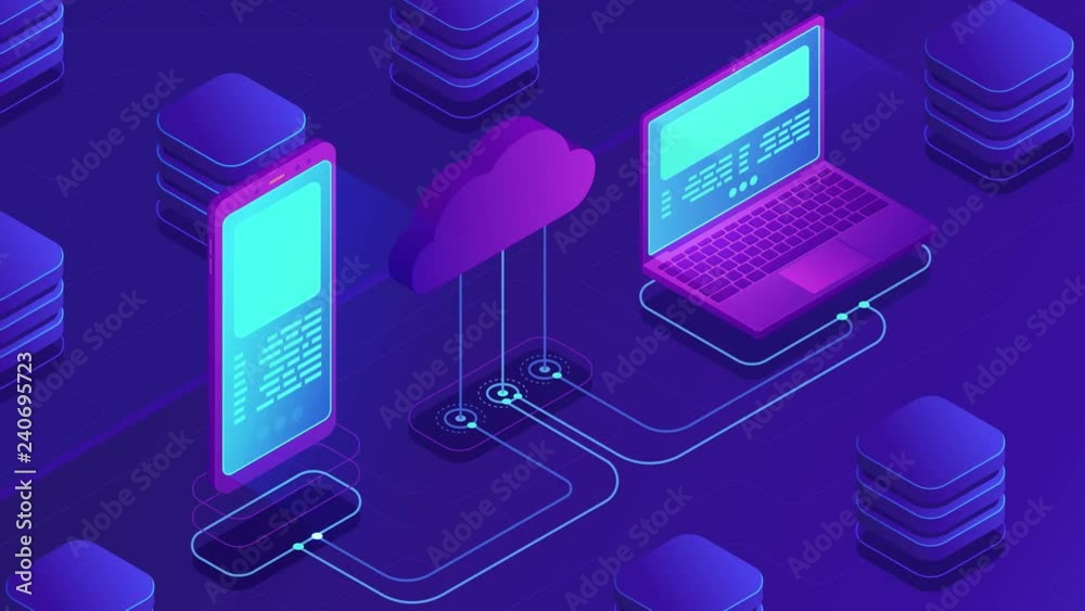 Poster isometric cloud storage loopable concept. synchronization backend cloud data storage with laptop, sm