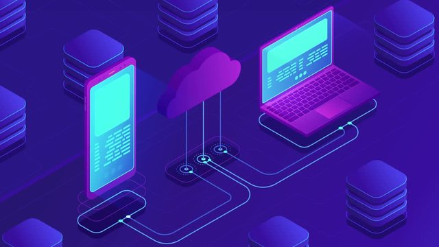 Isometric cloud storage loopable concept. Synchronization backend cloud data storage with laptop, smartphone on ultraviolet background. Upload download data transfer. 4K seamless loop video footage.
