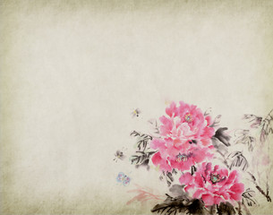 Chinese painting of peony flower,Traditional ink and wash drawing.