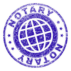 NOTARY stamp imprint with grunge texture. Blue vector rubber seal imprint of NOTARY label with scratched texture. Seal has words placed by circle and globe symbol.