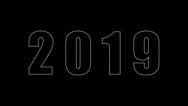 2D rendering animation of light strokes of the number "2019" on background with alpha transparency as new year celebration concept 