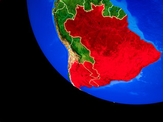 Mercosur memebers on realistic model of planet Earth with country borders and very detailed planet surface.