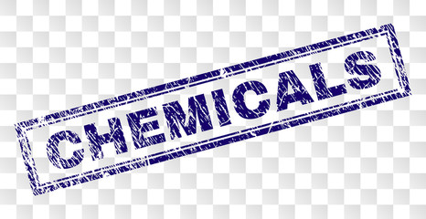 CHEMICALS stamp seal watermark with rubber print style and double framed rectangle shape. Stamp is placed on a transparent background. Blue vector rubber print of CHEMICALS tag with dust texture.