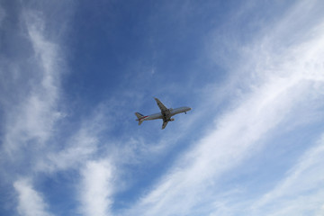 airplane in the blu sky with space for text
