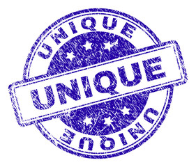 UNIQUE stamp seal watermark with grunge texture. Designed with rounded rectangles and circles. Blue vector rubber print of UNIQUE caption with grunge texture.