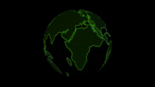 3D rendering of spinning glowing green wireframe earth globe outline on dark alpha channel background with seamless loop rotation