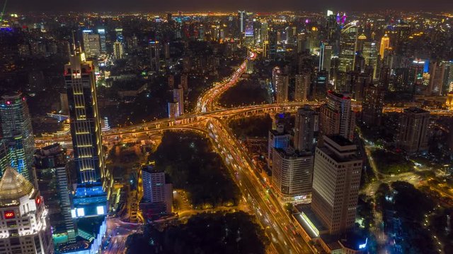 China Shanghai Aerial v52 Hyperlapse at night, high birdseye view of freeway intersection 10/18