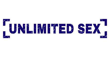 UNLIMITED SEX label seal imprint with grunge texture. Text label is placed between corners. Blue vector rubber print of UNLIMITED SEX with unclean texture.