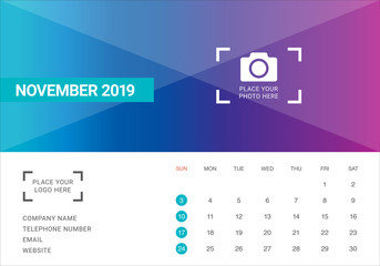 Naklejka premium November 2019 desk calendar vector illustration