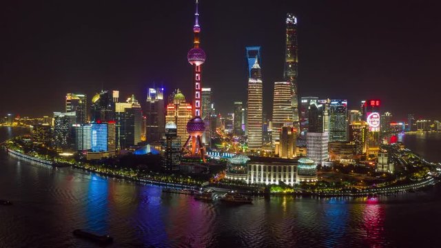 China Shanghai Aerial v53 Hyperlapse at night, panning around landmark, financial district 10/18
