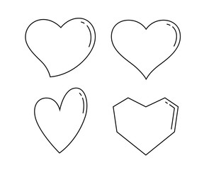 Heart symbol in various shapes and designs in line style. Black and white line.