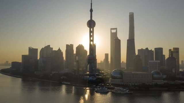 China Shanghai Aerial v54 Hyperlapse at sunrise, panning around landmark financial district 10/18