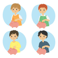 boys saving money in a cute pink piggy bank vector set. Kids saving money 