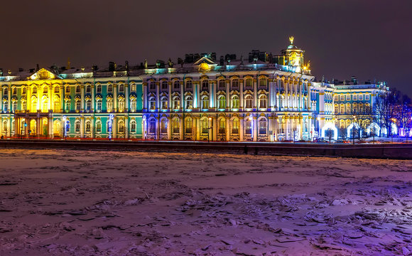 View of Palace Embankment and Hermitage at night in winter. Saint Petersburg, Russia