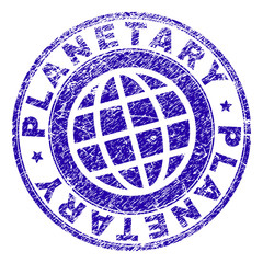 PLANETARY stamp print with grunge texture. Blue vector rubber seal print of PLANETARY text with corroded texture. Seal has words placed by circle and planet symbol.