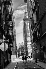 In one of the alleys in New York in Black and white