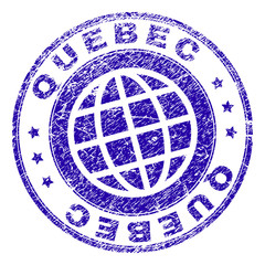 QUEBEC stamp imprint with distress texture. Blue vector rubber seal imprint of QUEBEC label with retro texture. Seal has words placed by circle and globe symbol.