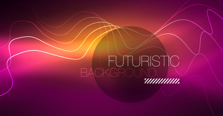 Abstract shiny glowinng color wave design element on dark background - science or technology concept