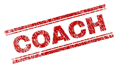 COACH seal print with corroded texture. Red vector rubber print of COACH caption with dust texture. Text label is placed between double parallel lines.