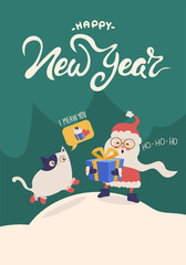 Happy new year Greeting card Santa Claus and cat with box Wishes Merry Holidays. vector	