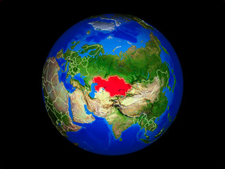 Kazakhstan on planet planet Earth with country borders. Extremely detailed planet surface.