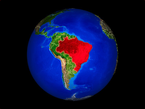 Brazil on planet planet Earth with country borders. Extremely detailed planet surface.