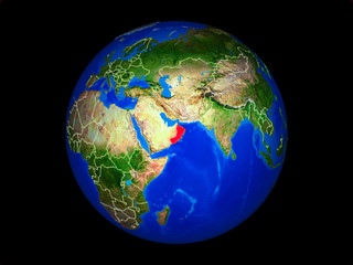 Oman on planet planet Earth with country borders. Extremely detailed planet surface.
