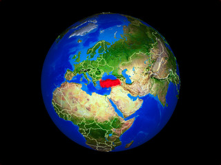 Turkey on planet planet Earth with country borders. Extremely detailed planet surface.
