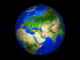 Azerbaijan on planet planet Earth with country borders. Extremely detailed planet surface.
