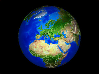 Montenegro on planet planet Earth with country borders. Extremely detailed planet surface.