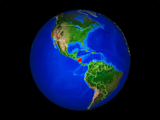 Nicaragua on planet planet Earth with country borders. Extremely detailed planet surface.