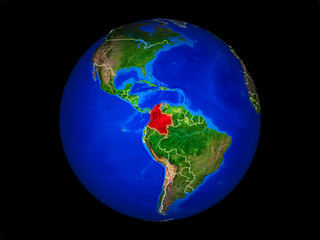 Colombia on planet planet Earth with country borders. Extremely detailed planet surface.
