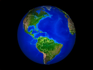 Caribbean on planet planet Earth with country borders. Extremely detailed planet surface.