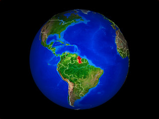 Guyana on planet planet Earth with country borders. Extremely detailed planet surface.