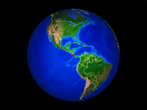 Costa Rica on planet planet Earth with country borders. Extremely detailed planet surface.