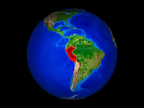 Peru on planet planet Earth with country borders. Extremely detailed planet surface.