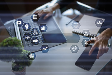 Virtual screen interface with icons and empty space for text. Business, internet and technology...