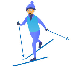 Happy old women dressed in sports clothing skiing. Cute grandmother. Active elderly man. Cartoon character. Vector illustration