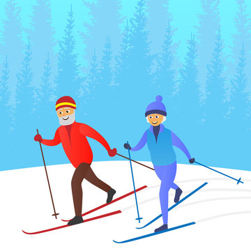 Old man and woman skiing together. Elderly people active lifestyle. Vector illustration