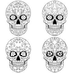 Day of The Dead Skull with floral ornament. Mexican sugar skull set. Vector illustration