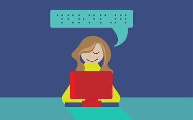 Illustration of blind person use braille computer.