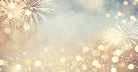 Gold Vintage Fireworks and bokeh in New Year eve and copy space. Abstract background holiday. 