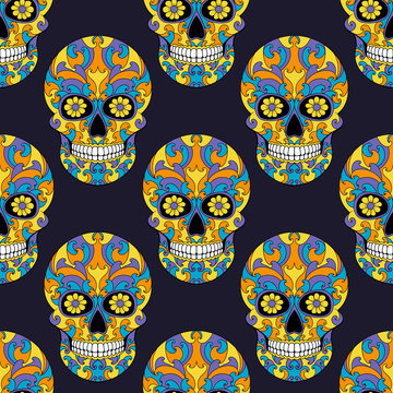 Day of The Dead Skull with floral ornament. Seamless pattern. Mexican sugar skull. Vector illustration