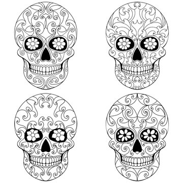 Day of The Dead Skull with floral ornament. Mexican sugar skull set. Vector illustration