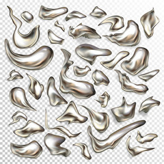 Vector 3d realistic set of liquid metal drops in abstract shapes isolated on transparent background. Precious alloy splashes, molten droplets of quicksilver or aluminum, fluid metallic blobs