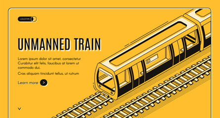 Vector concept banner with unmanned electric train on railway on yellow background. Automated transport, autonomous locomotive with autopilot for subway, future technology. Template for web page © vectorpouch