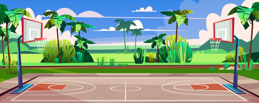 Vector cartoon background of basketball court on street. Green grass, field with outdoor sport arena. Playground for competition, championship. Day backdrop with tropic palms and blue sky.