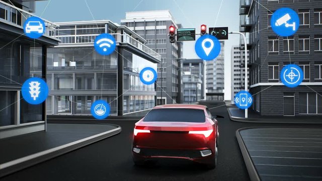 IoT car connect traffic information graphic icon control system, Autonomous driving of unmanned vehicles Internet of things. 4k animation.1.