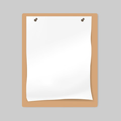 White blank paper sheet attached by pins to bulletin board, mockup